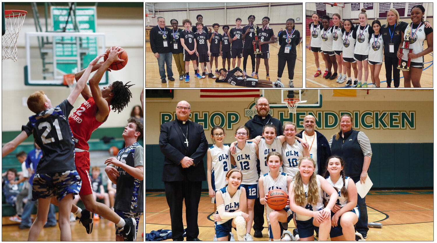 Pictured at top right, both St. Pius V Parish girls and boys teams celebrate first place victories. Pictured above at right, Friday night, Our Lady of Mercy School’s girls basketball enjoyed a 36-24 win over St. Catherine of Siena of Trumbull, Connecticut, at Bishop Hendricken High School to advance in the tournament. Bishop Richard G. Henning and Father Daniel M. Mahoney cheer on the team. The team took second place after a very close 24-22 championship game to St. Mary’s of Hartford, which took place on Sunday April 2, at La Salle Academy. At left, St. Bernard Church of Norwich, Conn. wins 69 to 33 against St. Mary’s of the Hill, Milton Massachusetts, Friday, March 31.